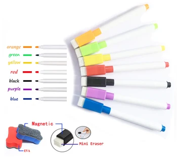 

1PCS Water Color Pens Magnetic Whiteboard Dry Wipe Fine Nib with Free Eraser Rubber Brush Fridge Magnets White Board Marker Pen