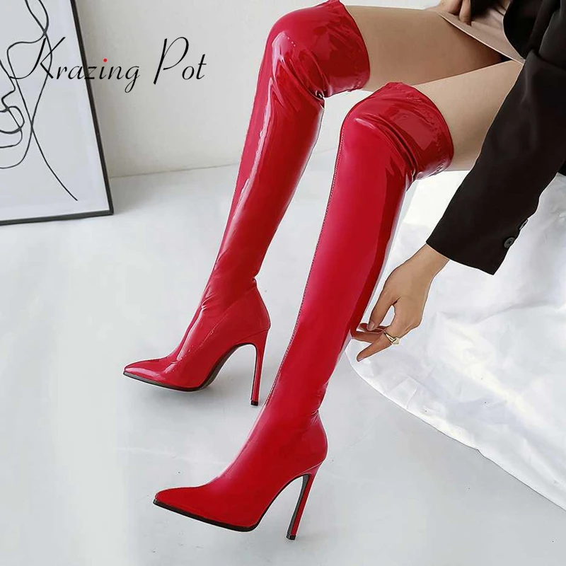 

Krazing Pot Ins Big Size European Style Pointed Toe Stiletto Super High Heels Mature Lady Elegant Catwalk Over-the-knee Boots