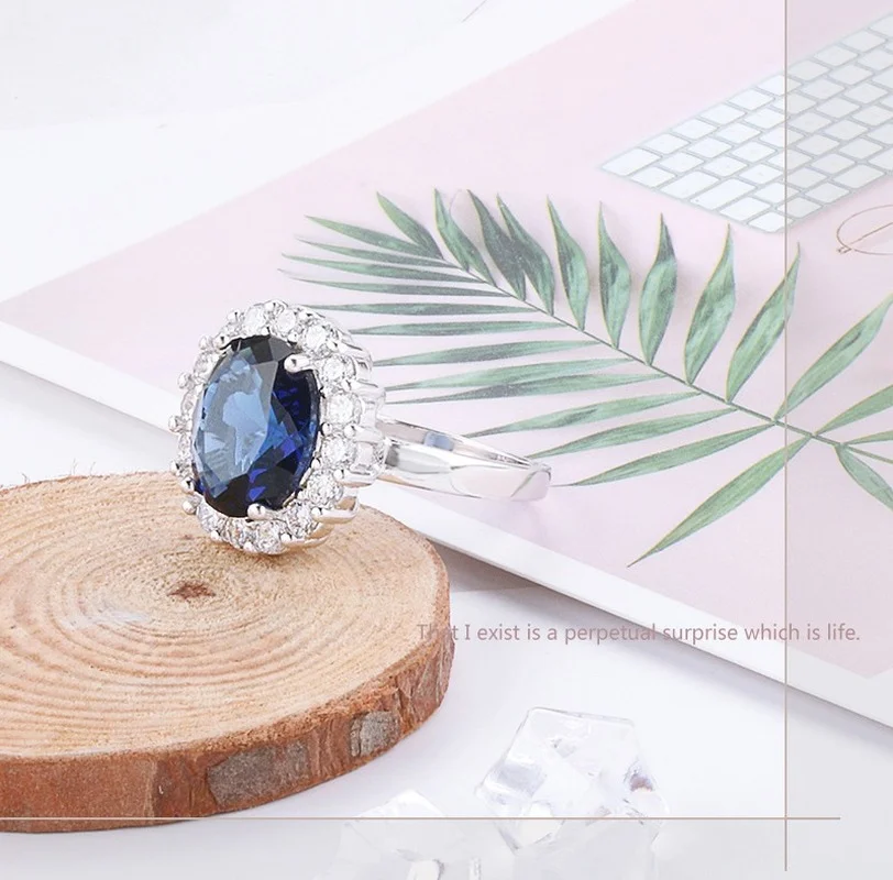 Silver ring princess cut 3.2ct created blue sapphire for women