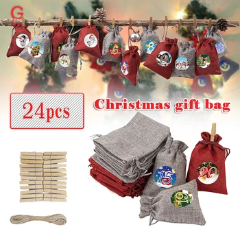 

24pc Christmas Linen Bags with Drawstrings Christmas Burlap Goody Gift Bags Snowman Christmas Tree Moon Hogard