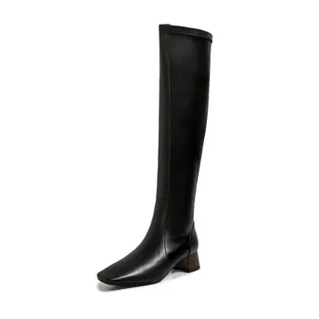 

Genuine Leather Knee High Boots square Toe Thick med Heels party Shoes Woman Dancing Basic Boots size 41 42 43