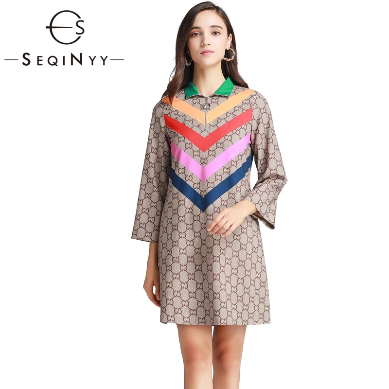 

SEQINYY Casual Dress 2020 Summer Spring new Fashion Design 3/4 Sleeve Letter Printed Colorful Stripes Women Loose Mini Dress