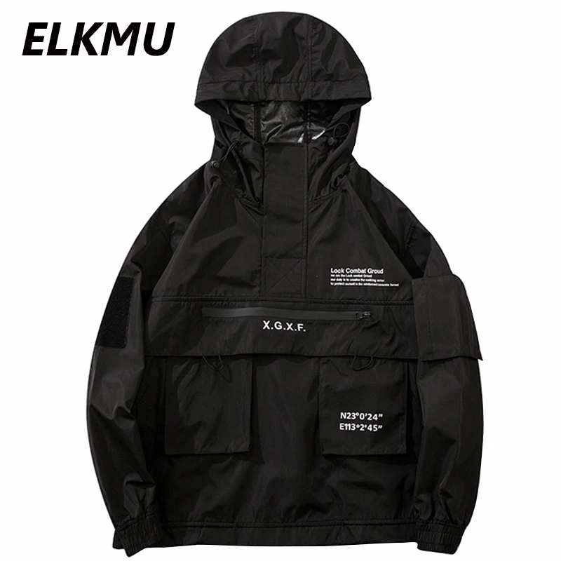 

ELKMU Men Hip Hop Streetwear Jacket Coat Black Windbreaker Waterproof Cargo Jacket Pullover Harajuku Hooded Track Jacket Outwear