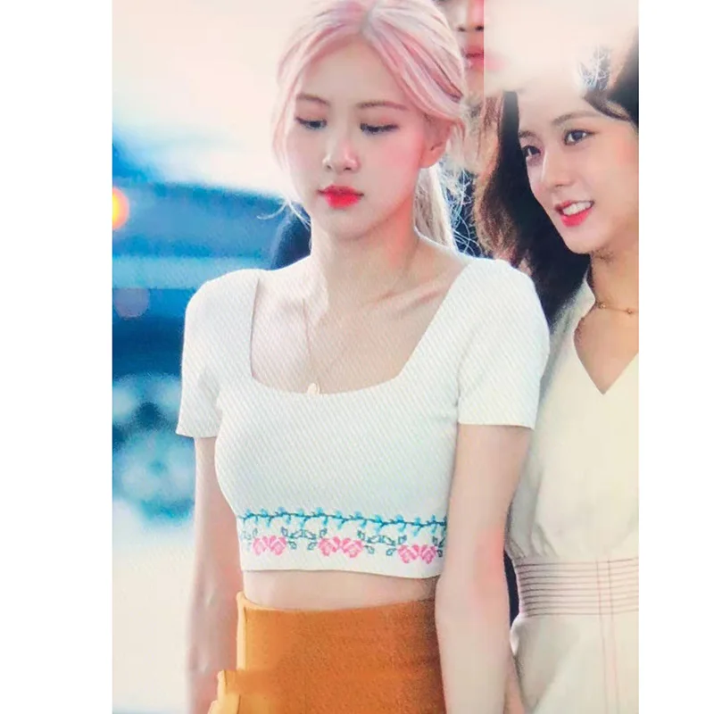 Kpop Blackpink ROSE новая Корейская Летняя короткая футболка с коротким рукавом и квадратным воротником+ Длинные свободные расклешенные брюки женский костюм из двух предметов