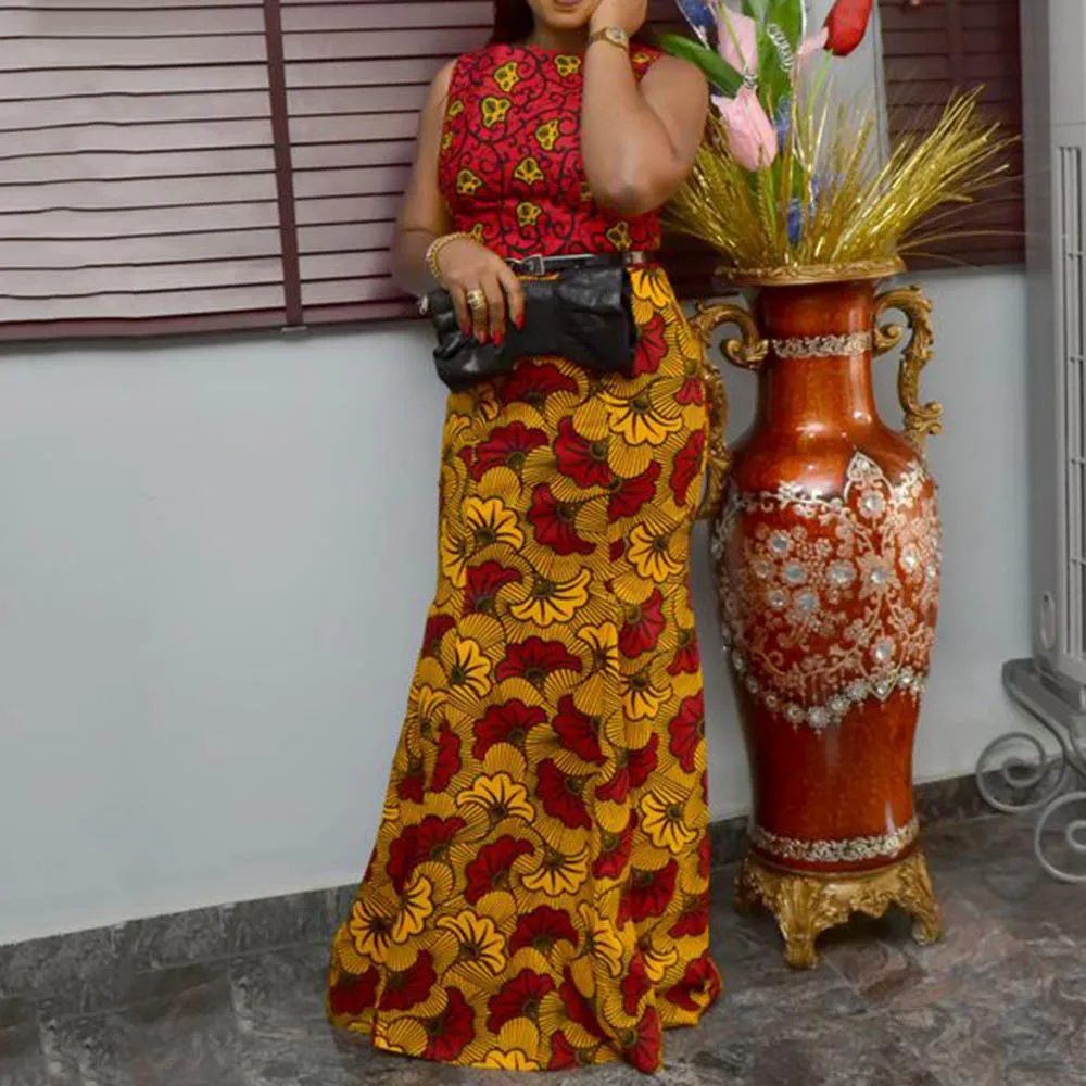 

Women Party Bodycon Maxi Dress Elegant Sexy Mermaid Evening Floral Robe Vintage Sleeveless Summer African Long Dresses Ladies