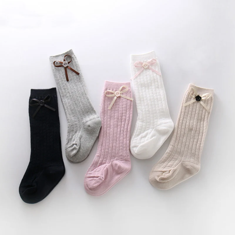 Длинные хлопковые носки в рубчик для новорожденных девочек, милые Гольфы с бантом для малышей осенне-зимняя теплая одежда для малышей на Рождество