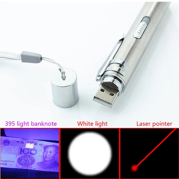 Мини 3в1 USB Перезаряжаемый светодиодный светильник-вспышка Мощный светодиодный фонарь Водонепроницаемый дизайнерский светильник-ручка УФ-светильник для банкнот/лазерный указатель светильник