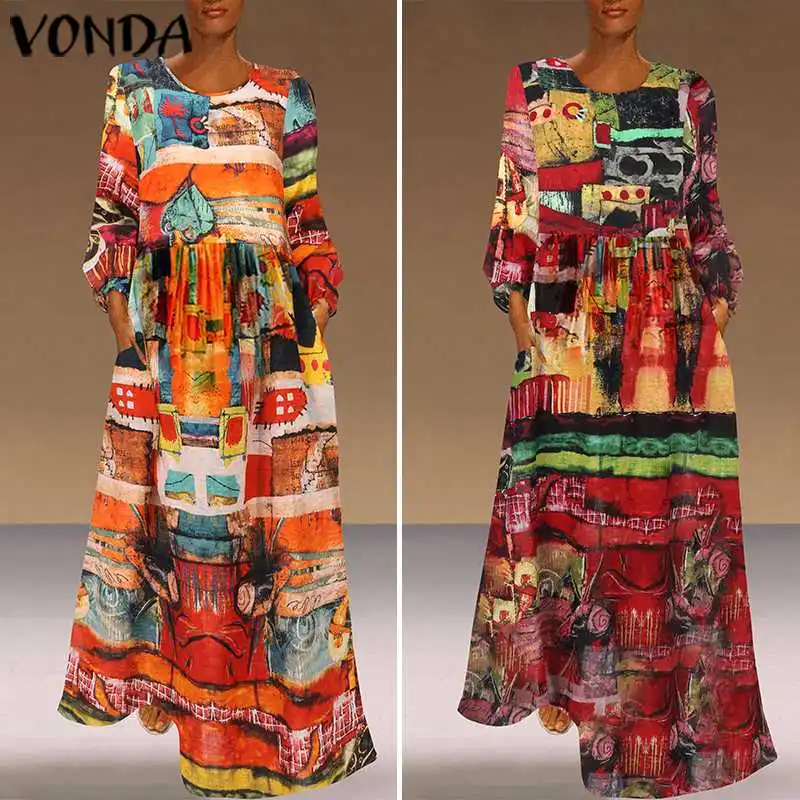 VONDA, летнее платье макси с принтом, женский сарафан, винтажный стиль, круглый вырез, длинный рукав, вечерние платья размера плюс, повседневное платье, Femme 5XL