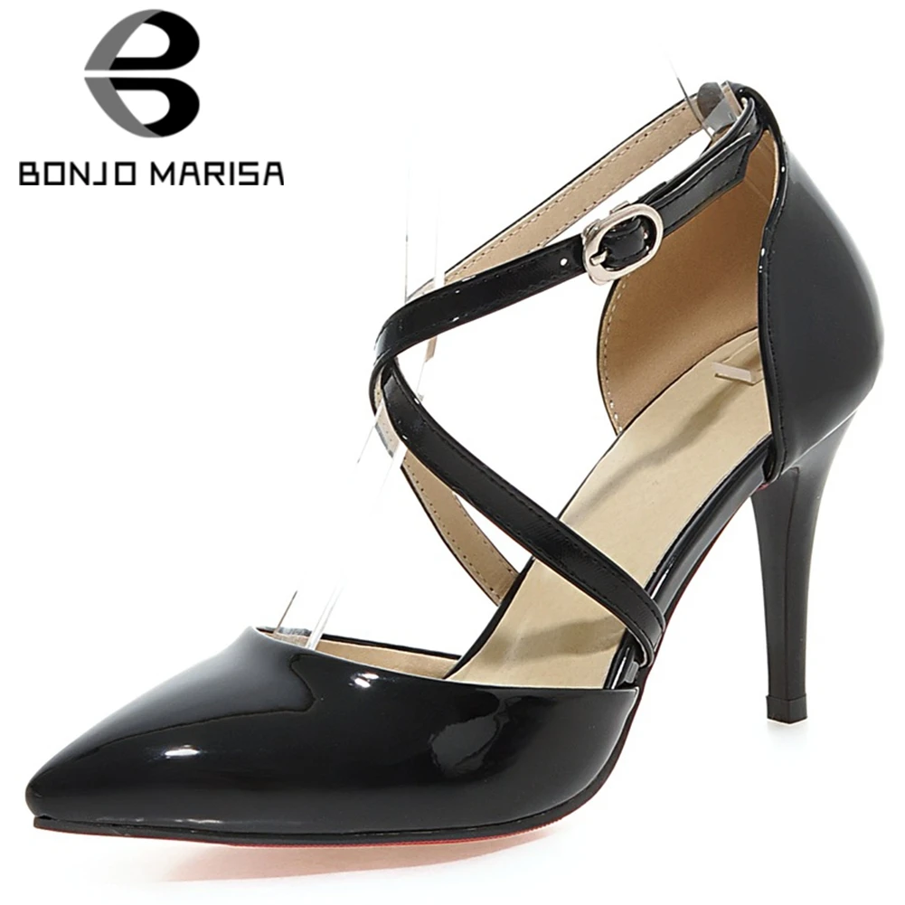 

BONJOMARISA 33-43 Ladies Party Sexy Pointed Toe Sandals Fashion Shallow Cross Strap Sandals Women High Thin Heels Shoes Woman
