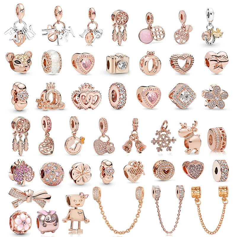 

2Pcs/Lot Romantic Crystal FAMILY Love Pendant Charm Beads fit Original Pandora Bracelets for Women DIY Jewelry Making Rose Gold