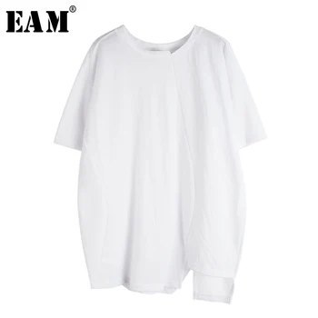 

[EAM] Women White Vent Asymmetrical Big Size T-shirt New Round Neck Short Sleeve Fashion Tide Spring Summer 2020 1U096