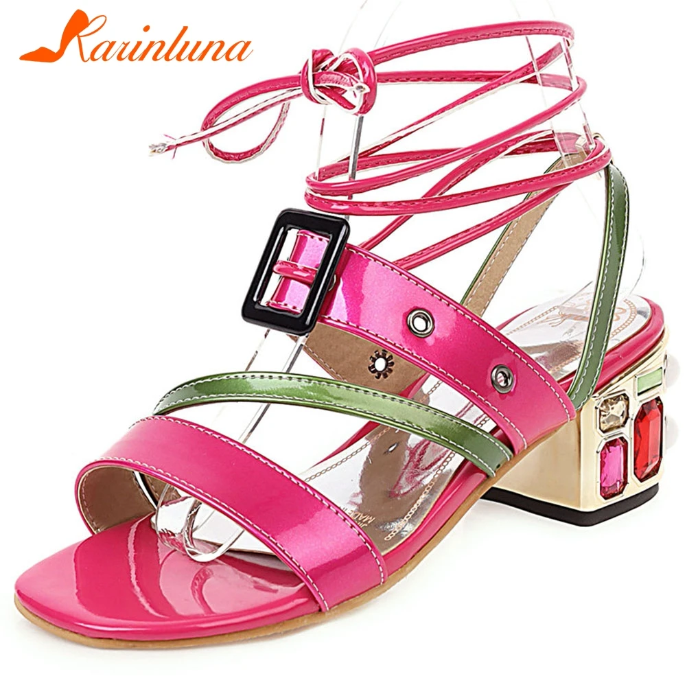

Karinluna New Arrivals 2020 Chunky Heels INS Hot Sandals Woman Shoes Mix Color Peep Toe String Bead Summer Shoes Women Sandals