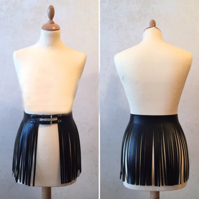 2020 New Belts For Women PU Leather Short Long Tassel Skirt Club Party Slim Fringe Female Skirt Black Decorative Summer Dress Black 2