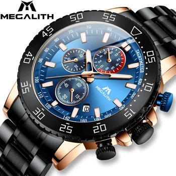 

MEGALITH New Stainless Steel Watches Men Waterproof Luminous Quartz Wristwatch Chronograph Clock Male Fashion Sports Watch 8087