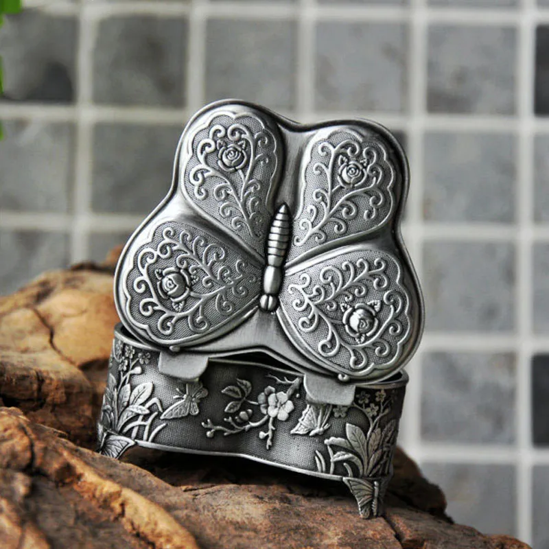 Retro Metal Rose Engraving Butterfly Jewelry Box Trinket Jewelry Storage Keepsake Box for Women