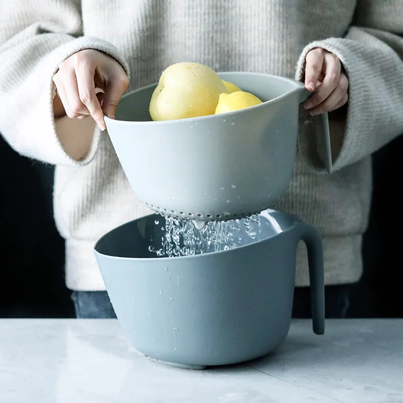 

Wash Fruit Drain Basket Double Layer Plastic Kitchen Washing Basin Household Multi-functional Washing Vegetable Basket Amoy Kitc