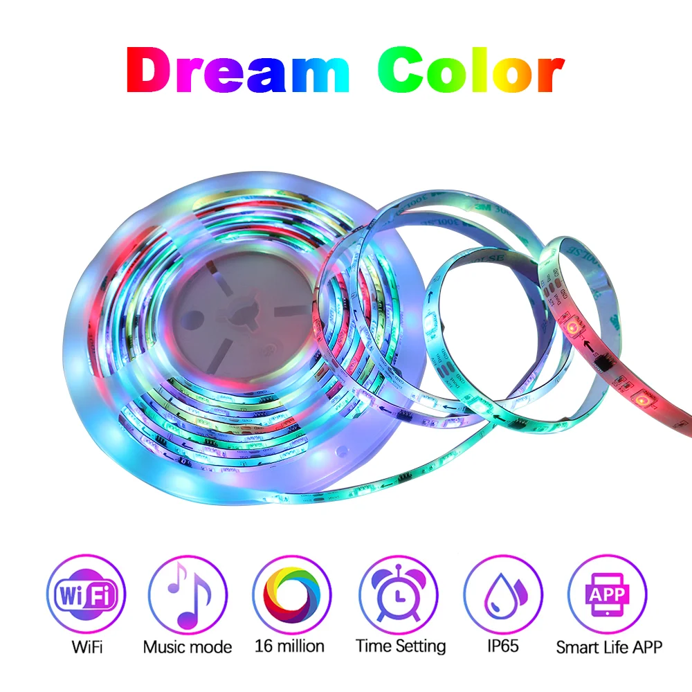 Rainbow LED-Strip-Light 5M DC12V SMD5050 RGB-IC Diode Tape Sync to Music WiFi APP Remote Works with Alexa or Google Assistant