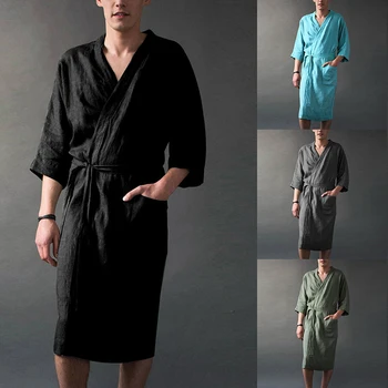 

New Men Robe Bathrobe Gown Spa Home Dress Chinese Cotton Nightwear Solid Sleepwear Male Nightgown Kimono Plus Size M XL XXXL