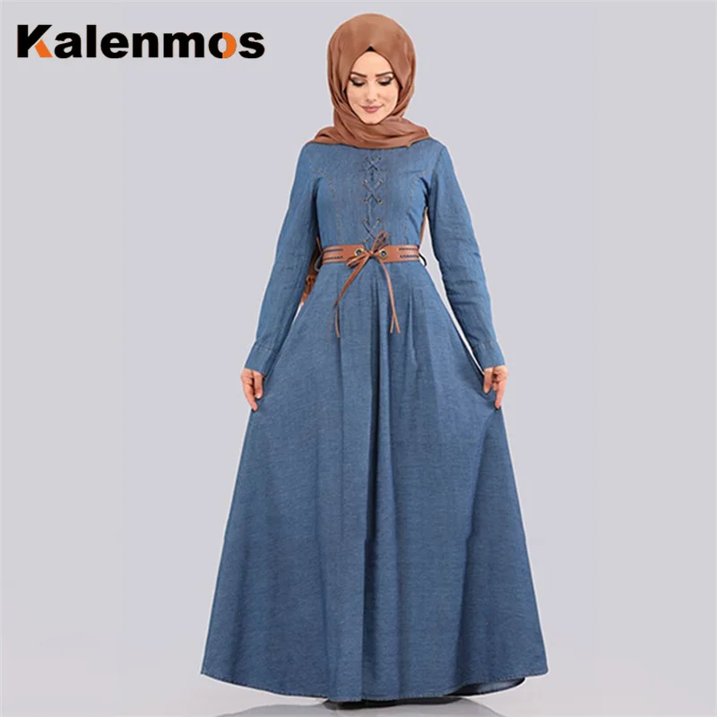 Мусульманские джинсовые платья размера плюс, женское приталенное платье макси на шнуровке с длинным рукавом, платье трапециевидной формы, мусульманская одежда в арабском Дубае
