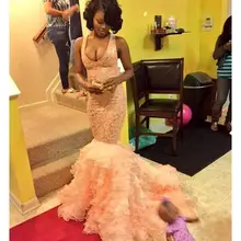 Длинное платье русалки для выпускного вечера, кружевное вечернее платье с глубоким вырезом и перекрещивающимися лямками на спине, многоярусные вечерние платья с оборками в африканском стиле