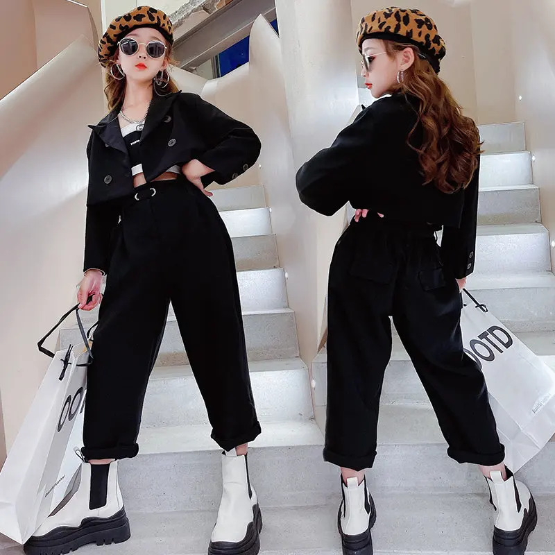 Teenage Girl Blazer Suits Clothing Sets Spring Autumn Kids Jackets+Pants+Belt Loose Formal Casual Outfits 3pcs girls clothes set