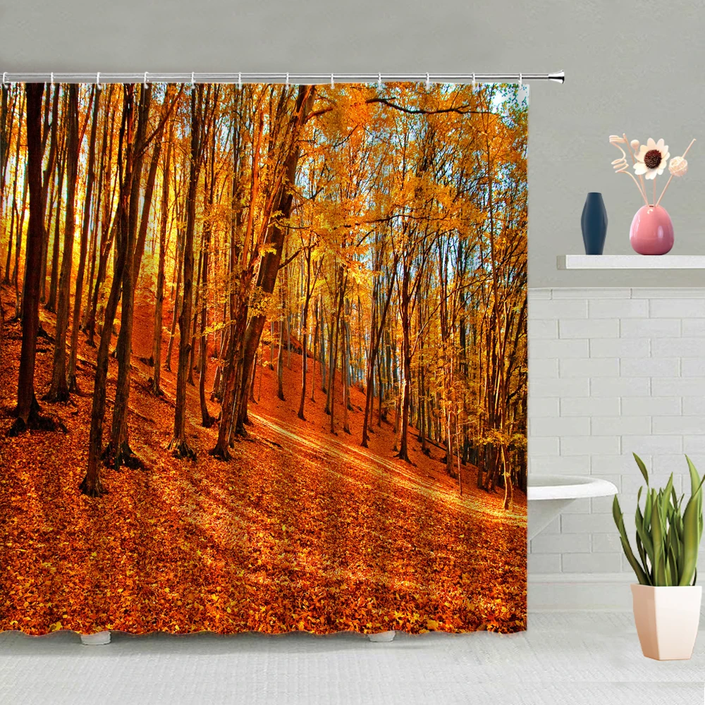 Autumn Forest Scenery Shower Curtain Set Red Maple Woods Plant Fallen