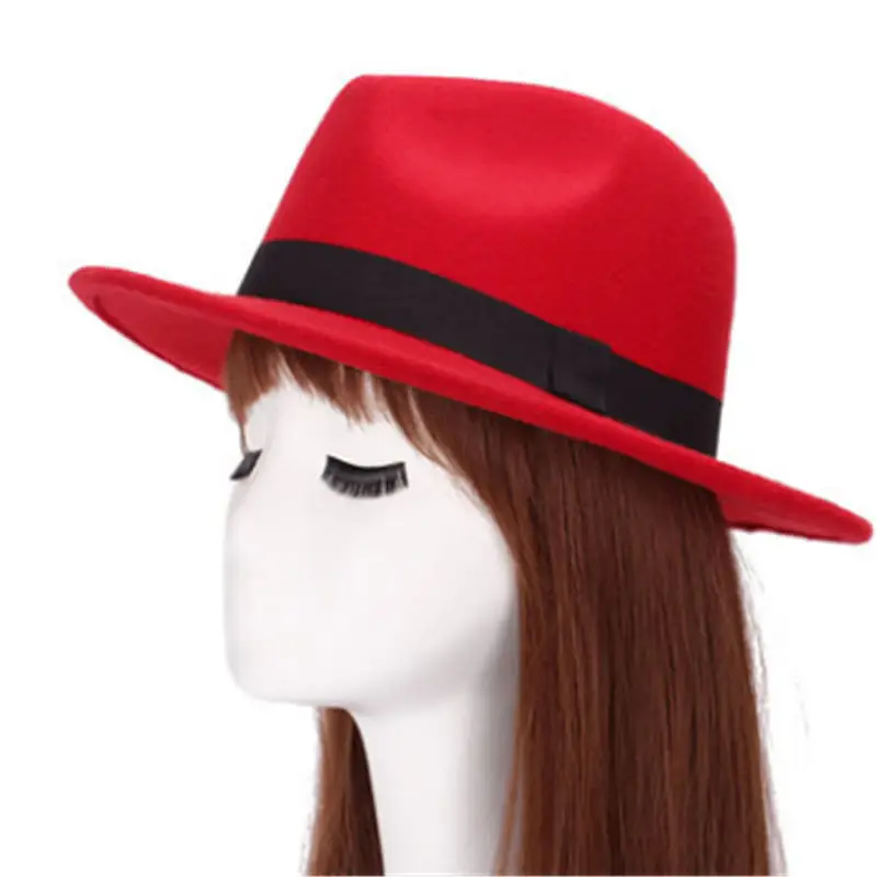 Модная ретро Мужская/Женская шерстяная фетровая джазовая Панама дерби с широкими полями фетровая шляпа - Цвет: Красный