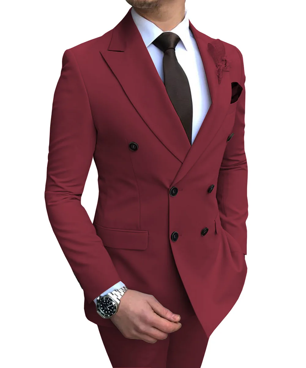 New Burgundy Men's Suit 2 Pieces Double-breasted Notch Lapel Flat Slim Fit Casual Tuxedos For Wedding(Blazer+Pants) New Burgundy Men's Suit 2 Pieces Double-breasted Notch Lapel Flat Slim Fit Casual Tuxedos For Wedding(Blazer+Pants)