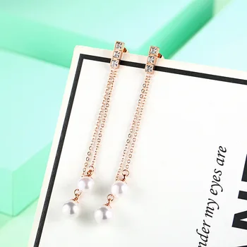 

Long Earrings with Pearl Rose Gold Flower Tassel Earrings for Women Stainless Steel Dangle Earring Fashion Jewelry