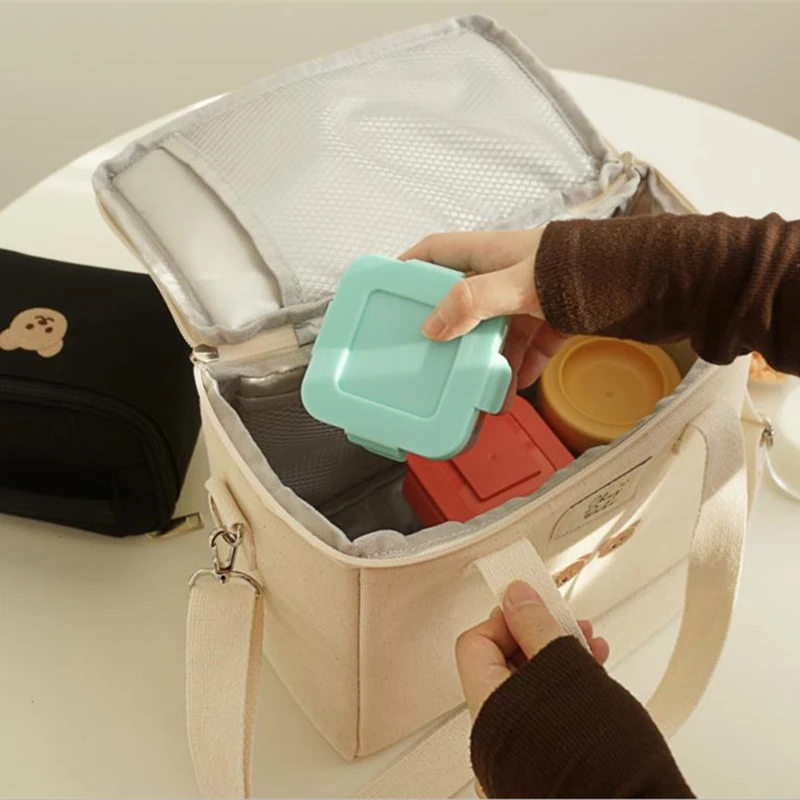 Ins Bear Lunch Bag Canvas Large Capacity Insulation Handbags Multifunctional Thermal Breakfast Box Portable Picnic Travel WY388