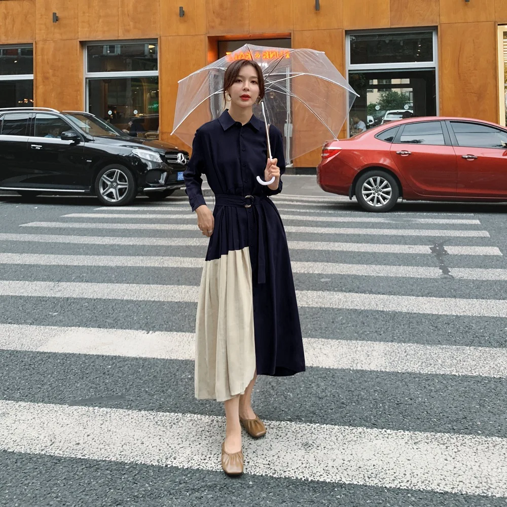 

Photo Shoot French Platycodon Grandiflorum Shirt Dress Women's 2019 Winter New Style Retro CHIC-Style Joint Contrast Color Pleat