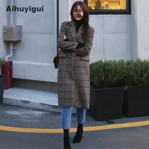 

Aihuyigui 2019 Large Size Autumn Winter Women Tweed Trench Jacket Plaid Turn-down Collar Thick Warm Button Pocket Jackets Dr730