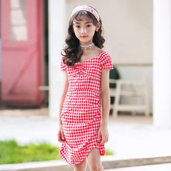 

New Fashion 2020 Summer Short Sleeve Cute Girls Dresses Kids Plaid Dresses for Teen Girls Baby Girls Elegant Dresses, #9077