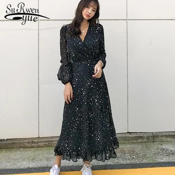 

Autumn Sexy V-neck Maxi Dress Elegant Ruffles Chiffon Women Long Dress Star Print Evening Party Female Dress Vestidos 6313 50