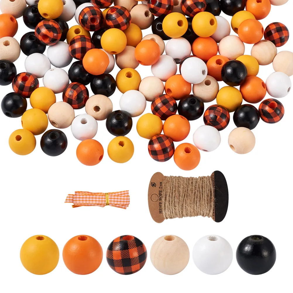 120Pcs 16mm Natural Wood Beads Round Ball Wooden Beads Spacers with Jute Cord for Jewelry DIY Halloween Bead Garland Home Decor