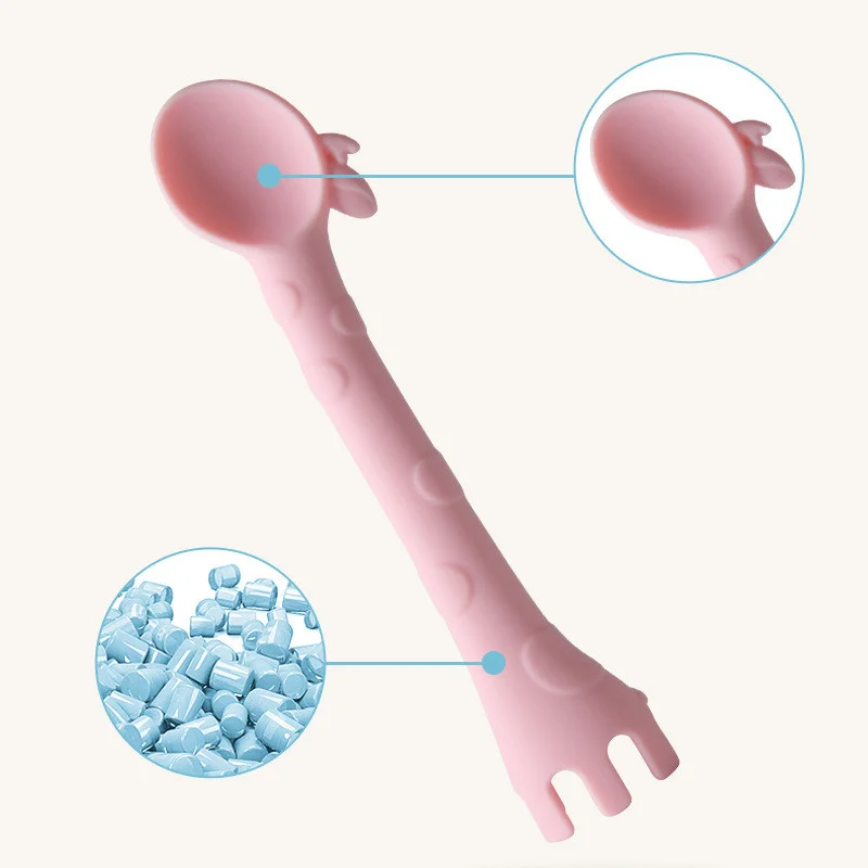 Cute Kids Infant Baby Giraffe Learning Training Spoon Fork Teether BPA Free Safety Silicone Baby Feeding Teething Tableware Toy