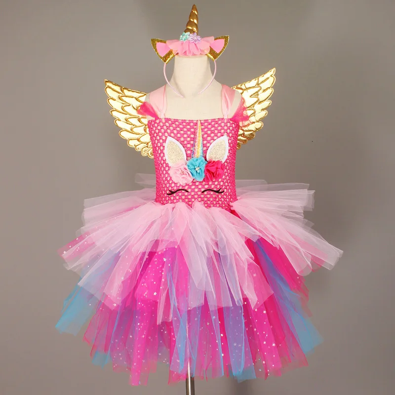 Glittery Unicorn Princess Pageant Flower Girl Tutu Dress Kids Party Costume with Headband and Wings Halloween Cosplay Girl Dresses (10)