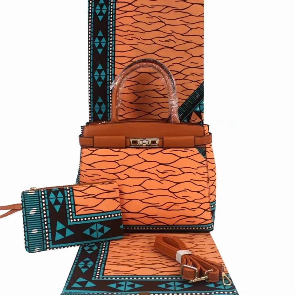 

3pc Set Ankara Handbag+Clutch Bag+6 Yard african real dutch wax kitenge fabric For Wedding YBGB-54