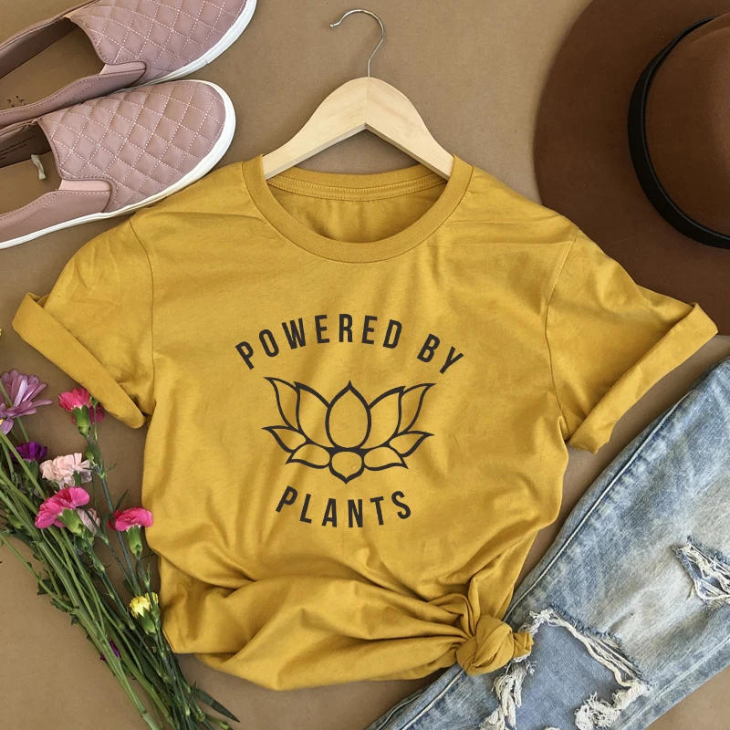 Powered by plant 슬로건 티셔츠 womens herbivore t 셔츠 로터스 그래픽 프린트 티셔츠 hipster stree..