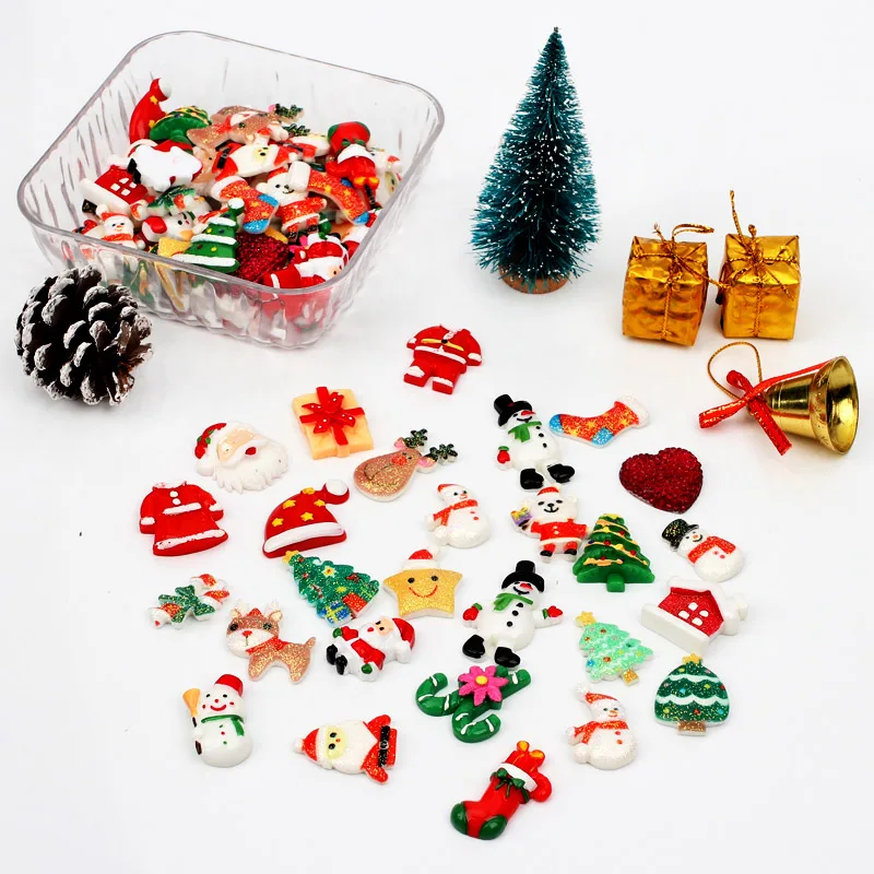 

10/20/30pcs Christmas Mix Ornament New Year Hair Bowknot DIY Craft Cartoon Tree Deer Snowman Hat Resin Flatback Home Decorations