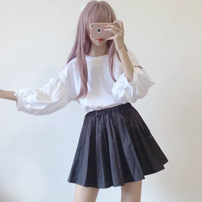 Loose Korean O-Neck Student Solid Base Tee Shirt Women 2020 Autumn New Vintage Cute Long Sleeves T Shirts Female All-Match Tops