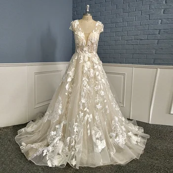 

New Arrival V Neck Short Sleeve Embroidered Lace 3D Flowers Sequin Court Train Champagne Wedding Dresses