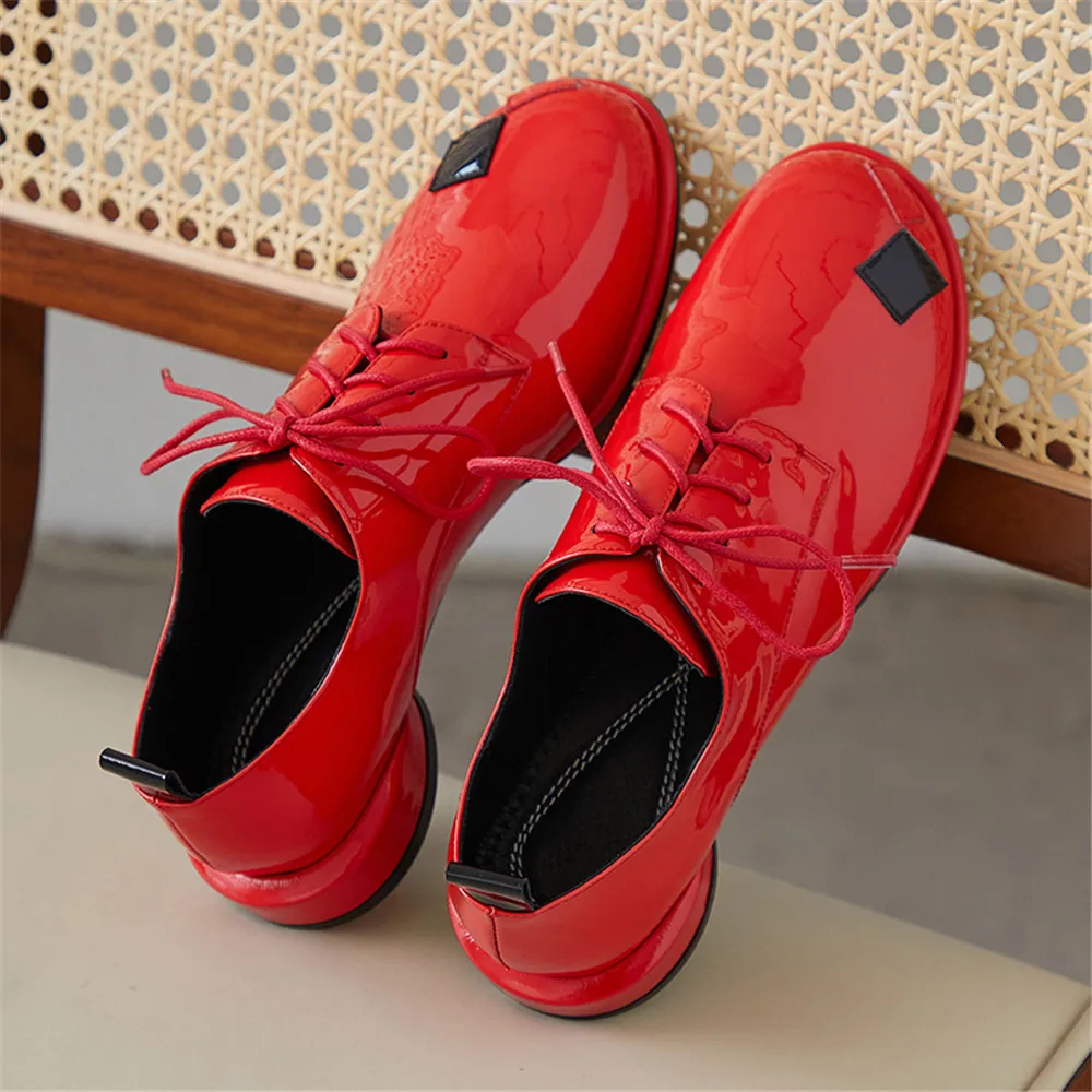 Women Patent Leather Pumps MILI MIYA Personalized Design Mixed Color Women Patent Leather Pumps Lace Up Round Toe Full Genuine Leather Fashion Street Shoes