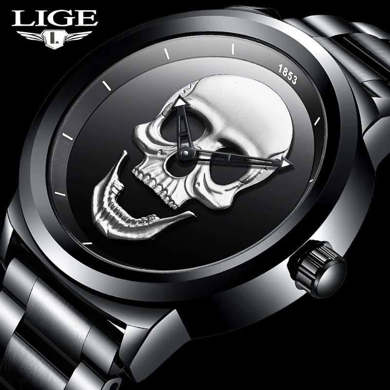 2022 Cool Punk 3D Skull Men Watch Brand LIGE Luxury Steel Quartz Men Watches Waterproof Retro Fashion Gold Black Clock Relogio