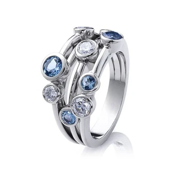 

Huitan Partysu Style Women Band Rings 3 Rows with Round White/Blue Zircon Stone Fashion Female Wedding Jewelry Rings Simple Item