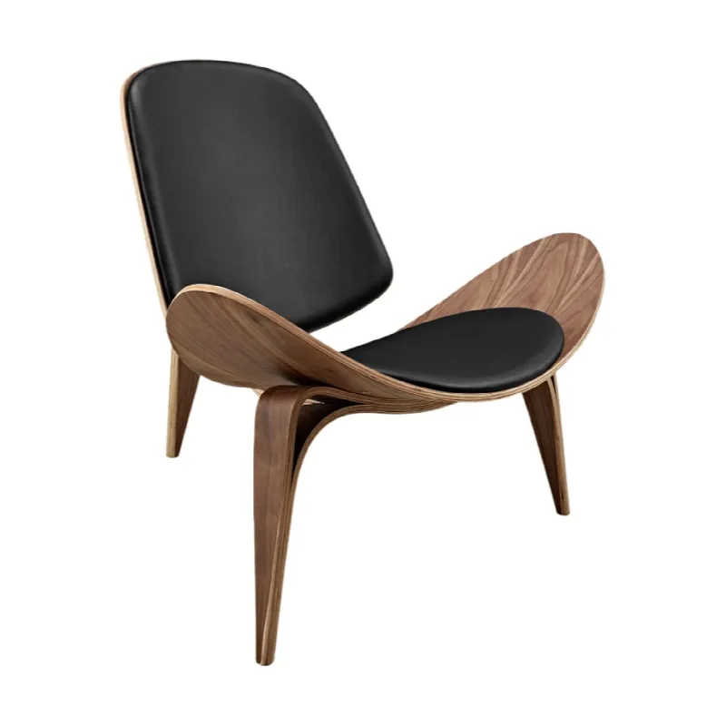 Hans Wegner Style Three-Legged Shell Chair Ash Plywood Black Real Leather Living Room Furniture Modern Shell Chair Replica living room chair