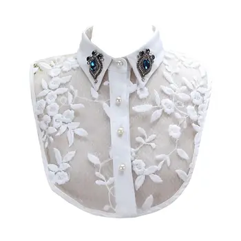 

Women Faux Crystal Lapel Detachable Half-Shirt Imitation Pearls Lace Fake Collar Q0KE