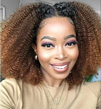 

Afro Kinky Curly Short Bob Wig 1B 27 Honey Blonde Ombre 13x4 Lace Front Human Hair Wigs For Black Women Peruvian Remy 150% Hair