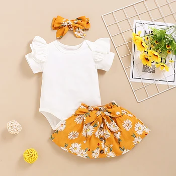 

0-18M Newborn Clothes Set fashion Baby Summer Solid Short Sleeve Round Neck Ruffled Rompers Flower Printing Skirts Hairband#37