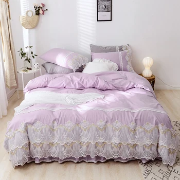

Luxury Gray Pink Purple Blue 100% Cotton Princess Gril Comfortable Bedding Set Lace Duvet Cover Bed Skirt Bed Linen Pillowcases